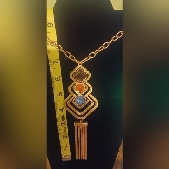 Mia 22” Pendant Necklace Tri Colored Gems & Earrings Gold Fringe - Picture 2 of 11